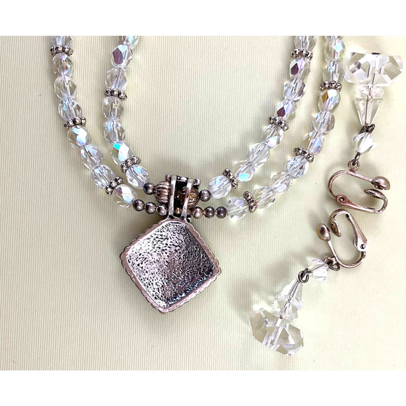 Midcentury Cocktail Party AB Crystal Bead Necklace/Pendant & Clip-on Earrings - Picture 6 of 8